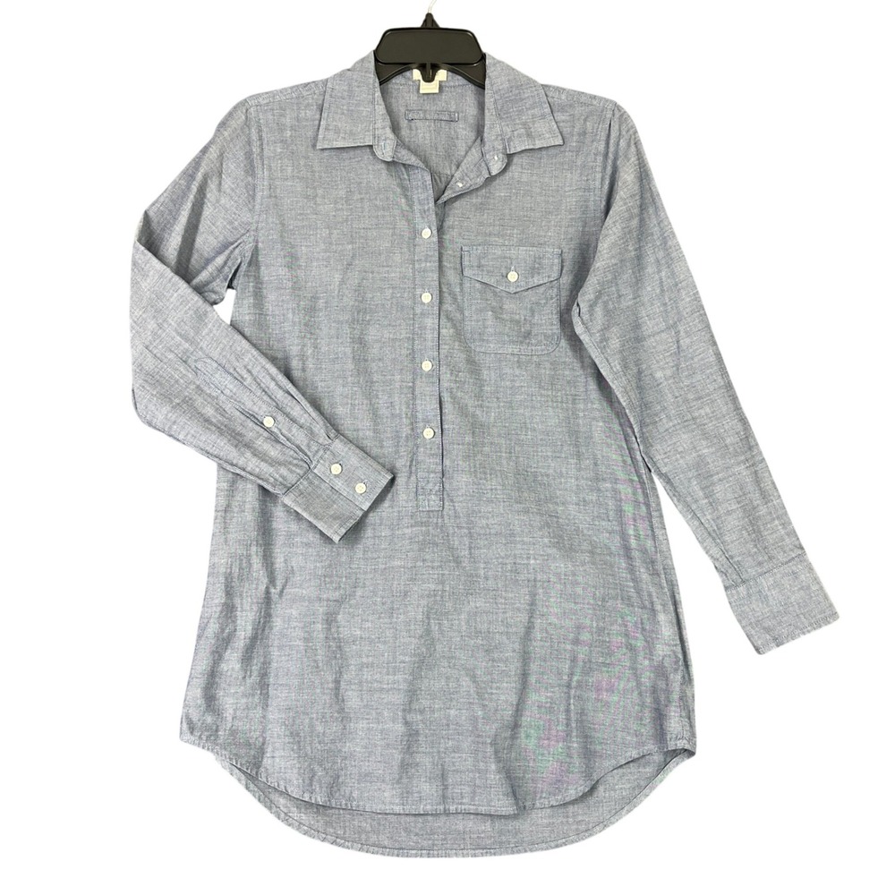 J Crew Chambray Popover Tunic Shirt Women XS Petite Casual Longline Minimal‎
